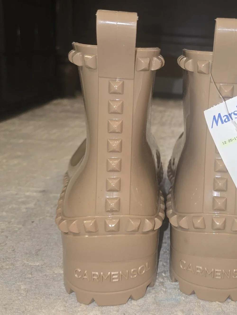Carmen Sol Beige Studded Rain Ankle Chunky Boots